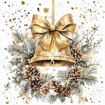Watercolor Christmas bell with gold bow and pine decorations.