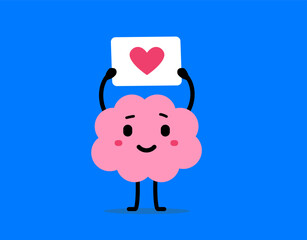 Vector romantic cartoon illustration of happy kid brain character with heart board in hand. Flat doodle style design of child smile brain character in search of love for valentine day banner