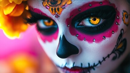 A Halloween makeup tutorial for a sugar skull look, inspired by de los with vibrant colors and detailed designs.