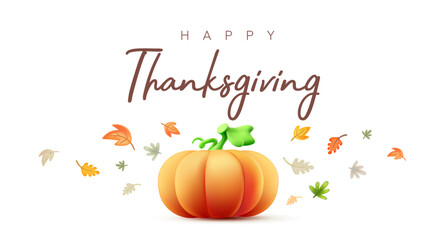 Vector autumn illustration of orange color cartoon pumpkin and leaves on white background with happy thanksgiving word. 3d style holiday design of thanksgiving day pumpkin and leaf pattern