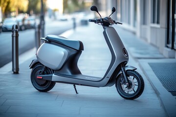 Modern electric scooter parked on city sidewalk