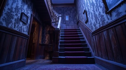 A haunted house walkthrough, with visitors encountering jump scares, ghostly apparitions, and eerie sound effects.
