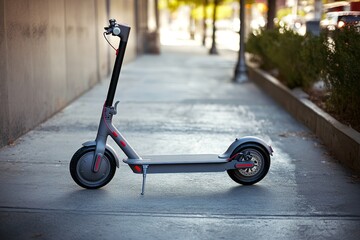 Electric scooter parked on city sidewalk, shallow focus