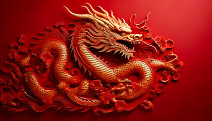 Obraz premium bold red background showcases majestic dragon sculpture intricate details impressive craftsmanship wall