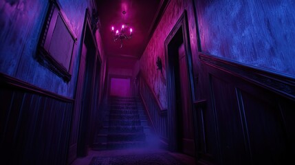 A haunted house walkthrough, with visitors encountering jump scares, ghostly apparitions, and eerie sound effects.