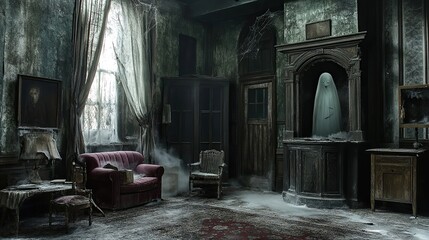 A room inside a haunted house, filled with old, dusty furniture, cobwebs, and a ghostly figure in the corner.