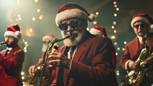 Santa band playing jazz music, with Santa Claus musicians in festive attire and sunglasses, creating a lively and cool Christmas party atmosphere