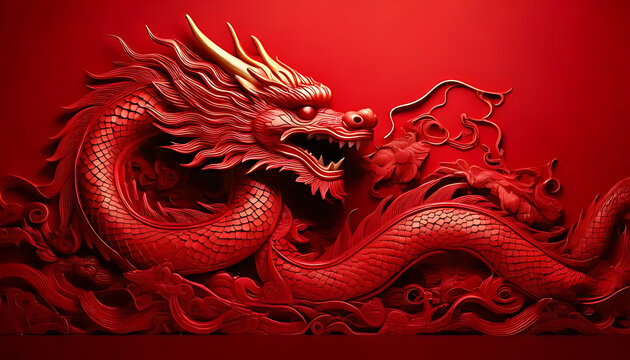 bold red background showcases majestic dragon sculpture intricate details impressive craftsmanship wall