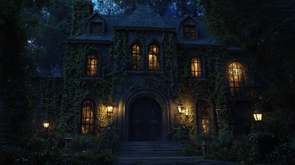 The exterior of a haunted mansion, with dark windows, overgrown ivy, and flickering lanterns setting a creepy tone.