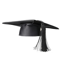 Black graduation cap with tassel on transparent background, PNG 