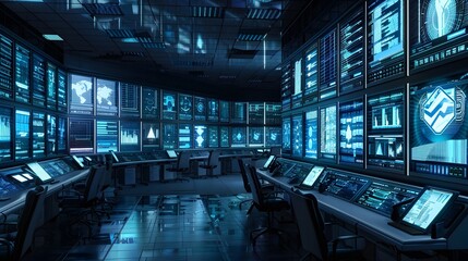 Futuristic Digital Control Room With Monitoring Screens and Data Analysis