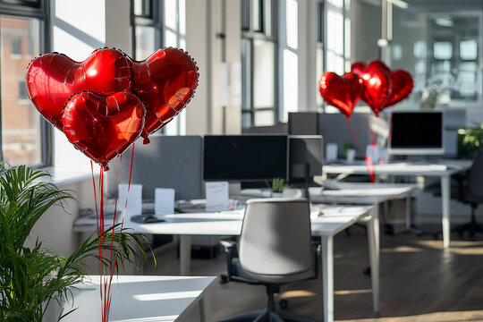Modern office workspace decorated with red heart shaped foil balloons near each table, white interior, openspace office, grey chairs, monitors on white tables, green plants, Valentine's Day, sun light