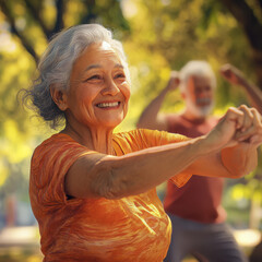 Naklejka premium Elderly woman exercising outdoors, smiling joyfully in park setting. warm sunlight enhances vibrant atmosphere, showcasing healthy lifestyle and community engagement