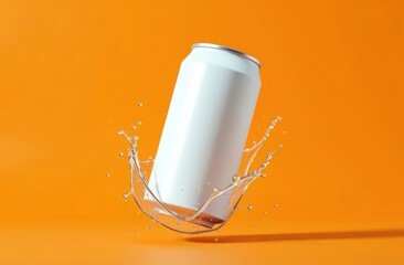 Dynamic Soda Can Splashing Against Bright Orange Background for Bold Branding