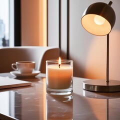 A cozy setting featuring a lit candle on a table beside a lamp and a cup, creating a warm atmosphere for relaxation or work.