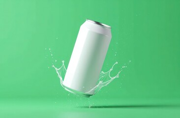 Refreshing White Soda Can Splashing Against Bold Green Background for Branding