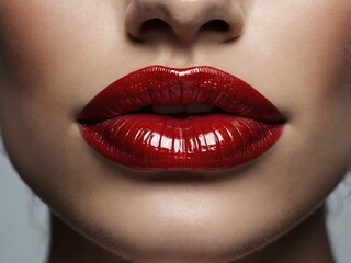 Fototapeta premium Close-up of a woman’s lips coated in rich red lipstick, highlighting their smooth texture and vibrant color, adding a touch of elegance and bold style