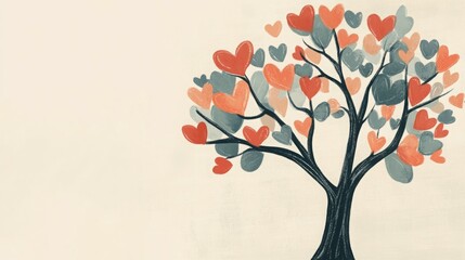 Obraz premium Colorful tree with heart-shaped leaves on a light background, exuding warmth and love.