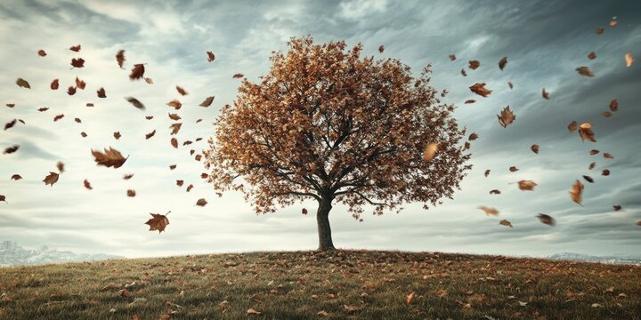 Tree on Hill with Falling Leaves