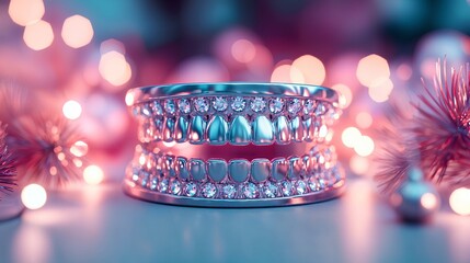 Stylish rainbow grills with gemstone on bokeh background with copy space. Luxury dental jewelry. For holiday ads and dental service campaign.