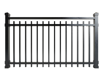 Black Metal Fence with Vertical Bars and Posts on transparent background