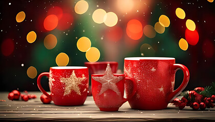 colorful holiday graphic various promotional materials featuring red cups christmas star blurred backdrop