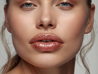A close-up portrait of a woman with enchanting eyes and full lips, radiating confidence and charm, emphasizing her unique beauty and grace