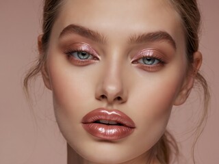 A close-up portrait of a woman with enchanting eyes and full lips, radiating confidence and charm, emphasizing her unique beauty and grace