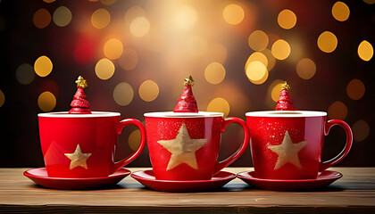 colorful holiday graphic various promotional materials featuring red cups christmas star blurred backdrop