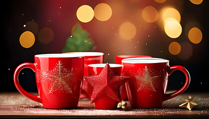 colorful holiday graphic various promotional materials featuring red cups christmas star blurred backdrop