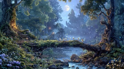 A fallen log serves as a bridge over a bubbling stream leading to a hidden grove where a group of fairies dance and sing in the pale moonlight of the enchanted forest.