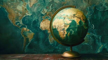Illuminated Vintage Globe on Wooden Table with Blurred World Map Background