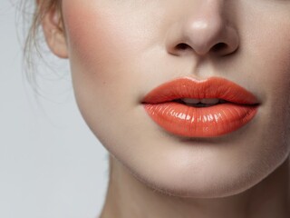 Obraz premium A close-up of a woman's lips adorned with rich, red lipstick, showcasing their smoothness and glossy finish, exuding confidence and allure