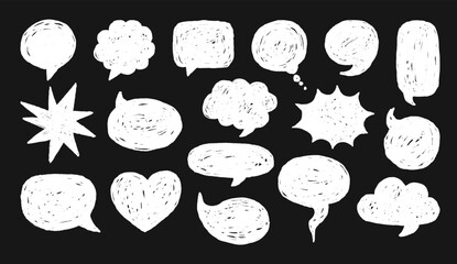 Grunge speech bubble. Chalk text cloud and box. Cartoon crayon message, comic white talk sticker. Pencil shapes for dialog. Doodle conversation frame. Vector elements