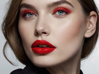 Fototapeta premium A striking portrait of a woman with mesmerizing eyes and luscious lips, embodying elegance and confidence in her serene expression