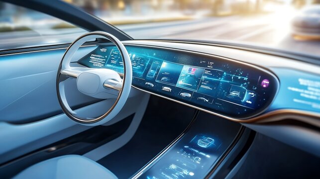 A sleek futuristic car interior featuring a high tech digital dashboard, representing innovation in automotive design