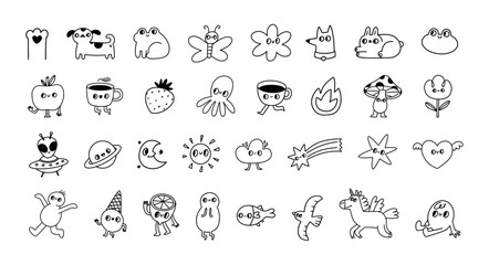 Cute funky characters. 70s groovy sketch hippie line icons. Abstract doddle little tattoo. Simple linear style dog, flower, coffee cup, unicorn for social media. Vector set
