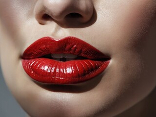 Naklejka premium Intensely red, luscious lips in close-up, with a flawless application of lipstick, emphasizing their shape and vibrant, glamorous appeal