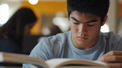 A focused student deeply immersed in reading a book in a quiet library, enhancing knowledge and concentration