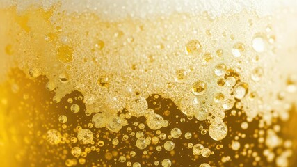 Close up of carbonated beer bubbles in a freshly poured glass, foam, close up