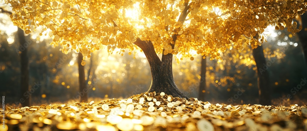 Poster golden tree in autumn light with coins below