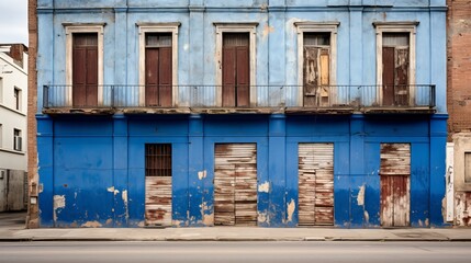 Naklejka premium Vintage Shop Facade. Worn, Abandoned, and Mysterious with Fading Blue and White Paint