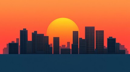 Fototapeta premium A vibrant sunset casts a warm glow over a modern city skyline, showcasing silhouettes of skyscrapers against a colorful evening sky.