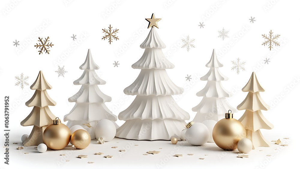 Poster Set of realistic 3D white and gold Christmas decorations in a trendy style isolated on a white background with a Christmas tree and snowflakes