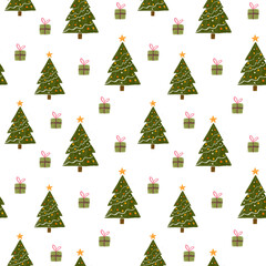 A festive colorful charcoal pattern featuring Christmas trees and presents on a white background, perfect for holiday-themed designs and decorations