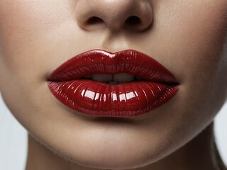 Obraz premium Close-up of woman’s lips with rich, matte red lipstick, emphasizing their smooth texture and bold, striking color, creating a sophisticated look