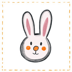 Obraz premium Cute hand-drawn rabbit with pink ears and orange cheeks against a white background, perfect for children's illustrations and decorations