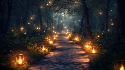 A magical pathway through a misty forest lit by lanterns.