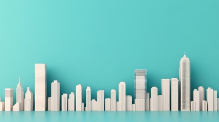 A minimalist city skyline in white against a vivid turquoise background, showcasing architectural variety in a clean, modern design.