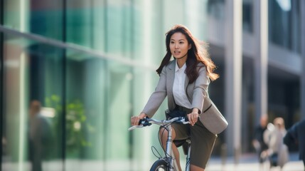 A professional woman in business attire cycles gracefully through a bustling city street, embodying eco-friendly urban commuting.